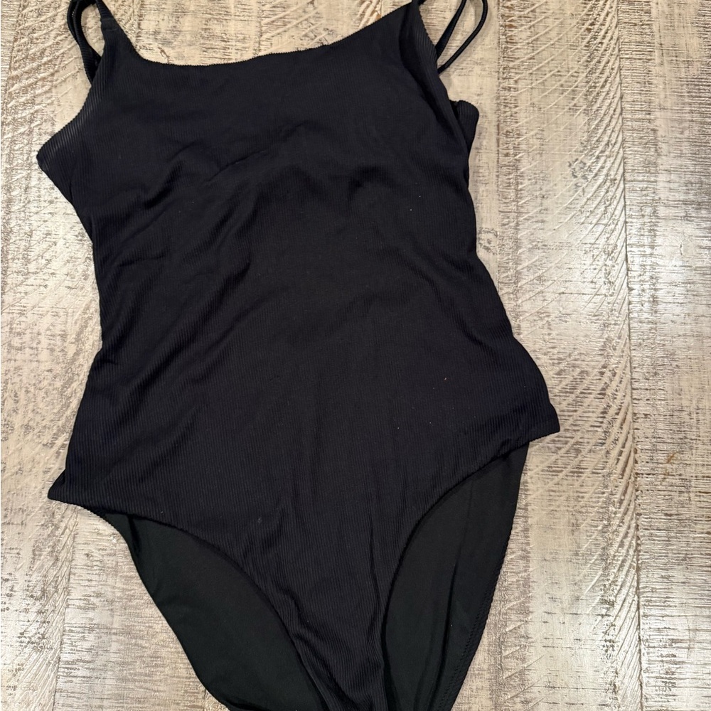 Black Ribbed One-Piece Swimsuit tie back